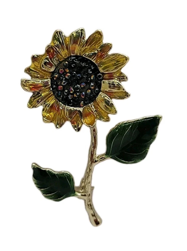 Vintage Style Sunflower Brooch Gold-Tone Stem Green Enamel Leaves Rhinestones Sunflower