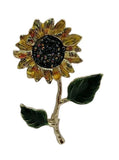 Vintage Style Sunflower Brooch Gold-Tone Stem Green Enamel Leaves Rhinestones Sunflower