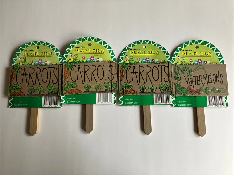 4pc Country Garden Wooden Plant Sign Carrots Watermelons Hand Painted Vintage Garden Plants