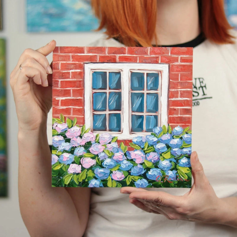 Original Oil Painting Hydrangea by the Window Wall Art Impasto Palette Knife 8x8 Hydrangea