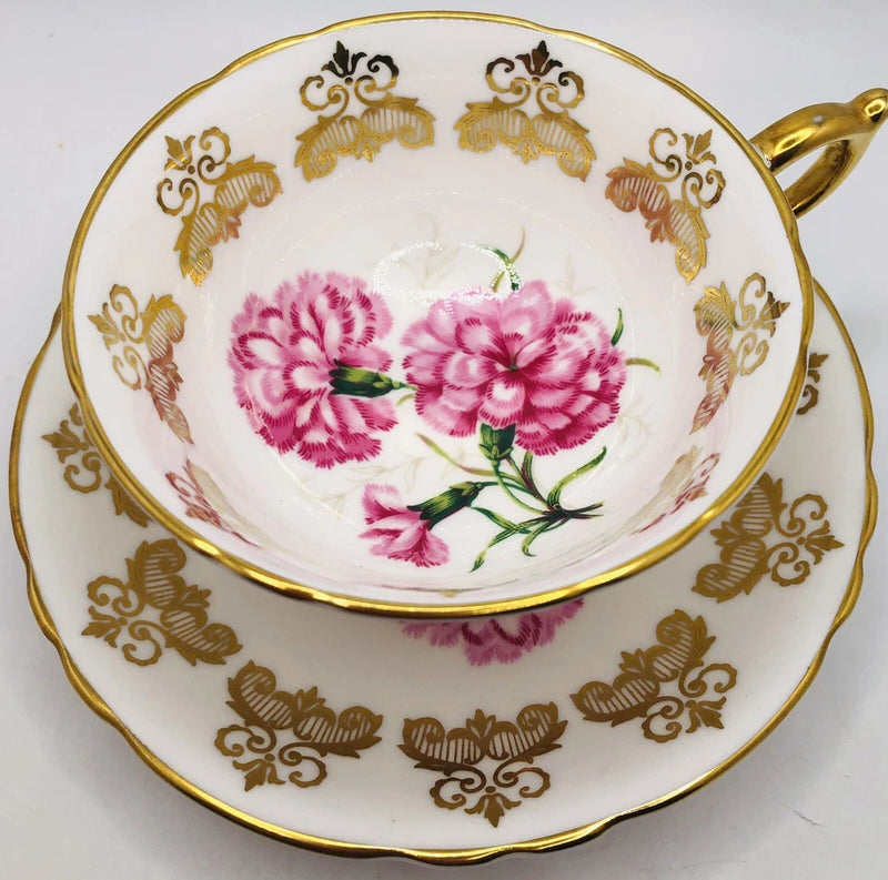 Vintage PARAGON Pink Carnation Gold Gilt Cup & Saucer; Floral Teacup England Carnation