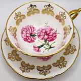Vintage PARAGON Pink Carnation Gold Gilt Cup & Saucer; Floral Teacup England Carnation