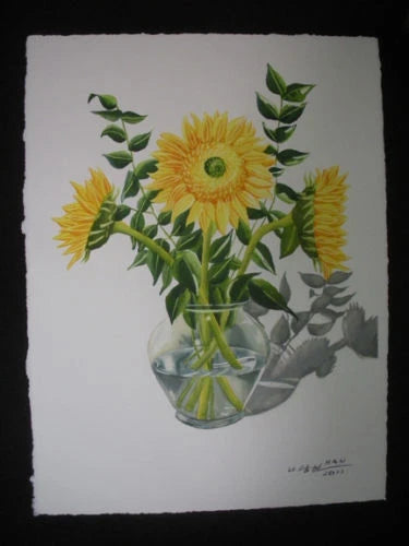 Original watercolor sunflower painting in a glass vase, signed