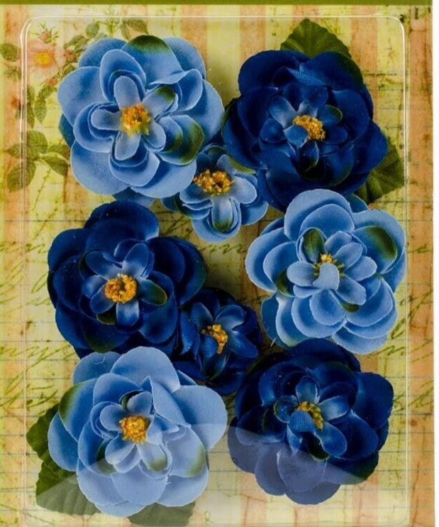 Ranunculus BLUE - 8 Fabric Flowers + 6 Leaves 33-48mmAcross Botanica Pet L2b Ranunculus