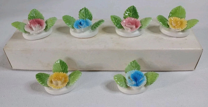 Vtg Shafford name card holders Porcelain Carnation Flower Box 6 pcs Japan 1950s Carnation