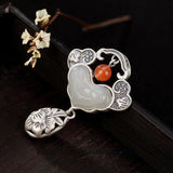 Chinese Pure Silver S925 Gild Inlay Hetian White Jade Ruyi Peony Flower Pendant Peony