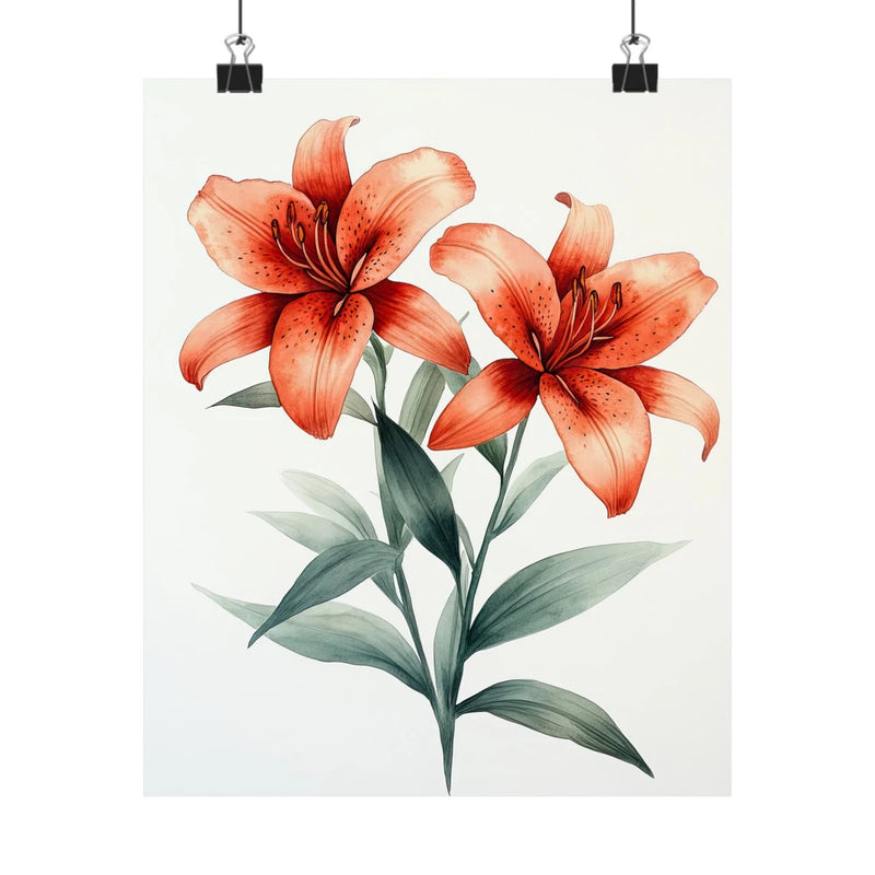 Red lily flower art print poster with two orange blooms and green leaves