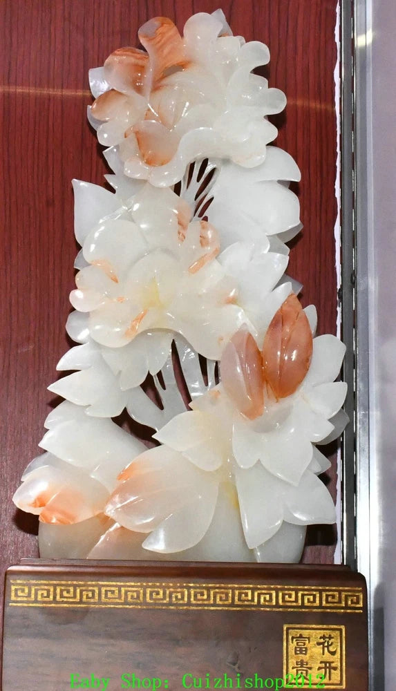 17-inch white jade peony flower statue with carved layered blossoms and orange accents