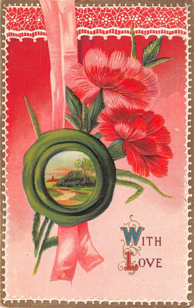 Vintage postcard with red and pink carnations, ribbon, circular rural scene, 'With Love'