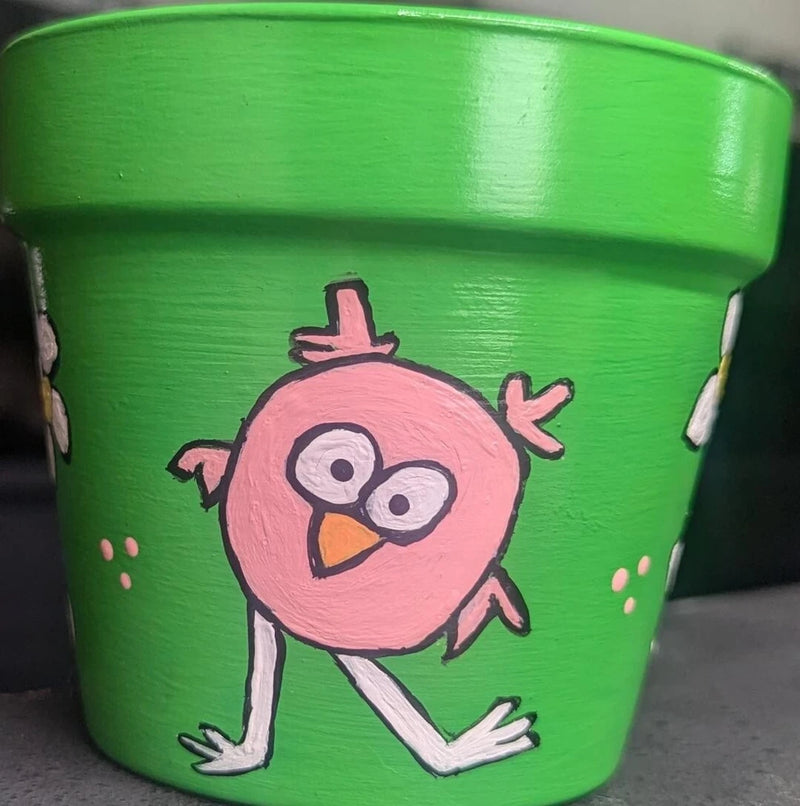 Hand Painted Terra Cotta Garden Pot- Crazy Bird Garden Plants