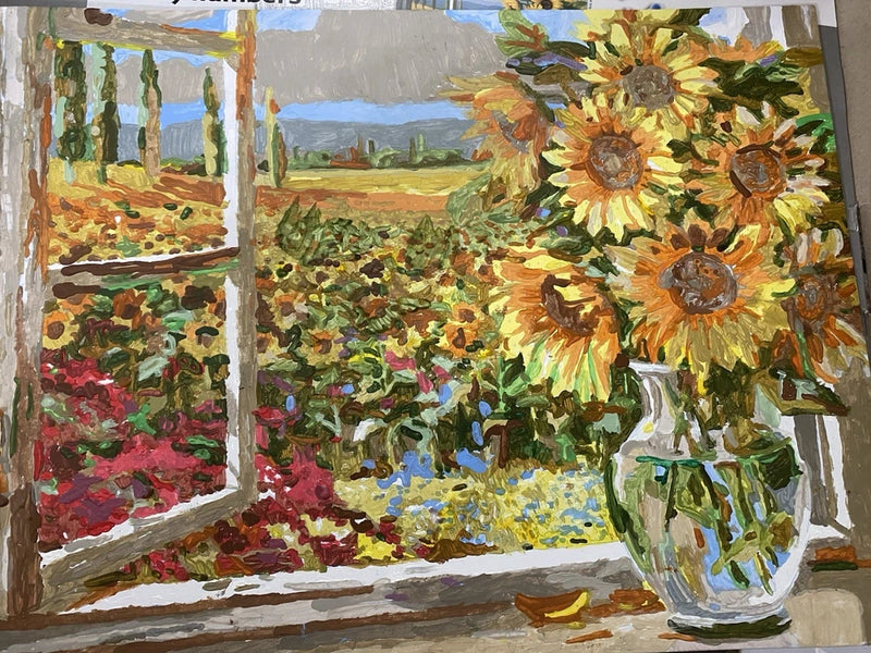 Sunflower acrylic painting with bouquet in a vase and colorful landscape scene