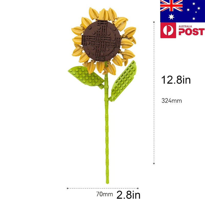DIY sunflower stem building block toy with yellow layered flower and brown center, green stem