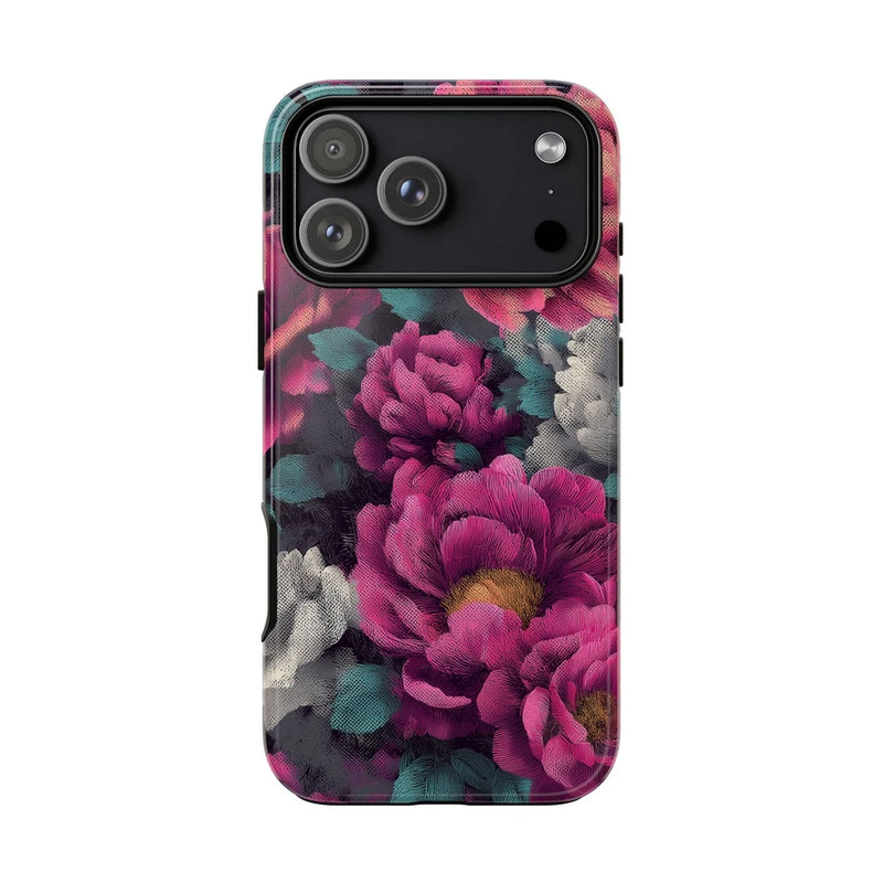 Magenta floral phone ink case with carnation flower pattern and camera cutouts
