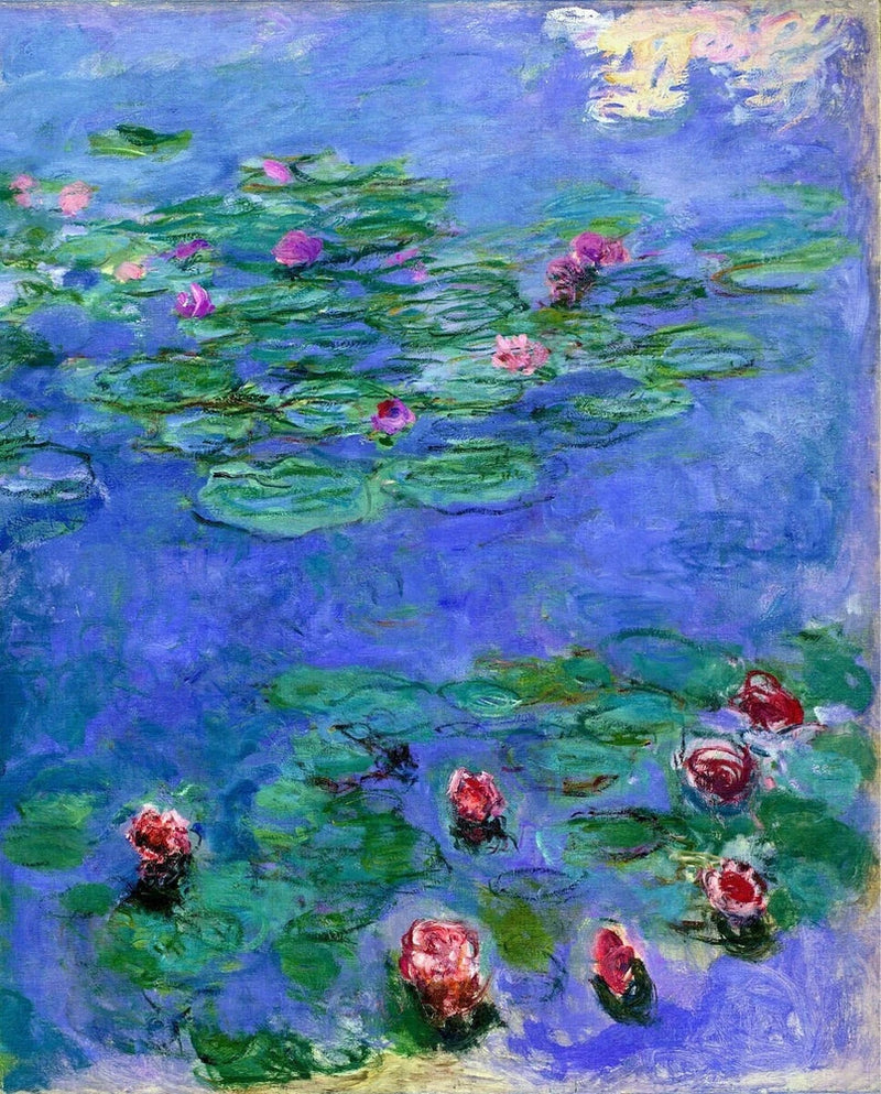 Impressionist canvas print of blue pond with pink and red water lilies