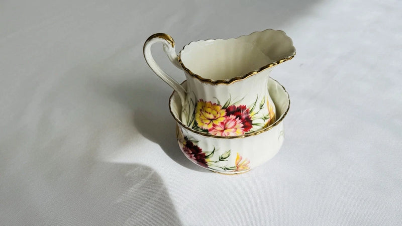 PARAGON Cream & Sugar Set Pink Red Yellow Carnations Flowers Floral Bone China Carnation