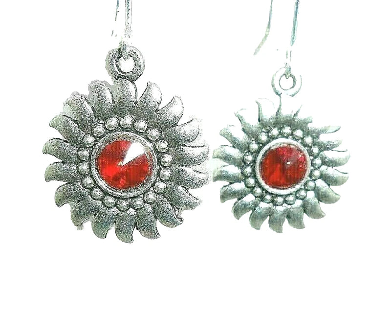 New  Lovely  Sun Flower  w/ Red Crystal Silver-tone Dangle Earrings   1.75" Long Sunflower