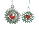 New  Lovely  Sun Flower  w/ Red Crystal Silver-tone Dangle Earrings   1.75" Long Sunflower