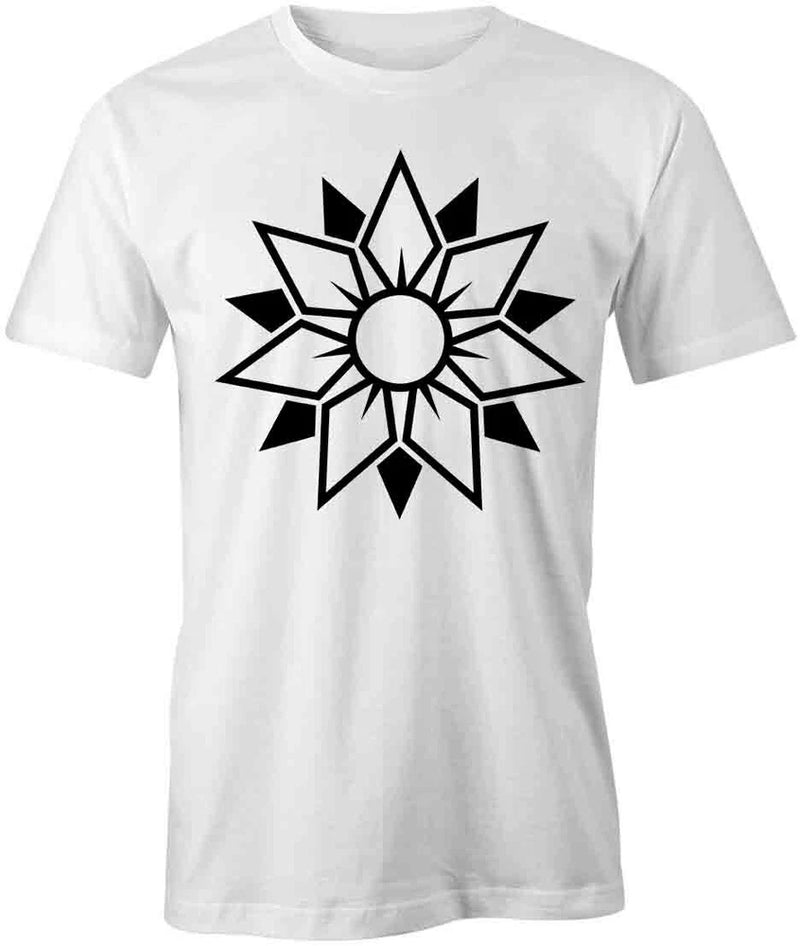 White cotton T-shirt with black sunflower-style flower graphic on front