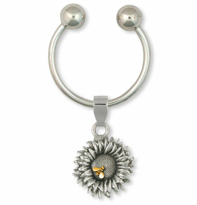 Sunflower key ring with silver hoop and dangling sunflower charm with gold center