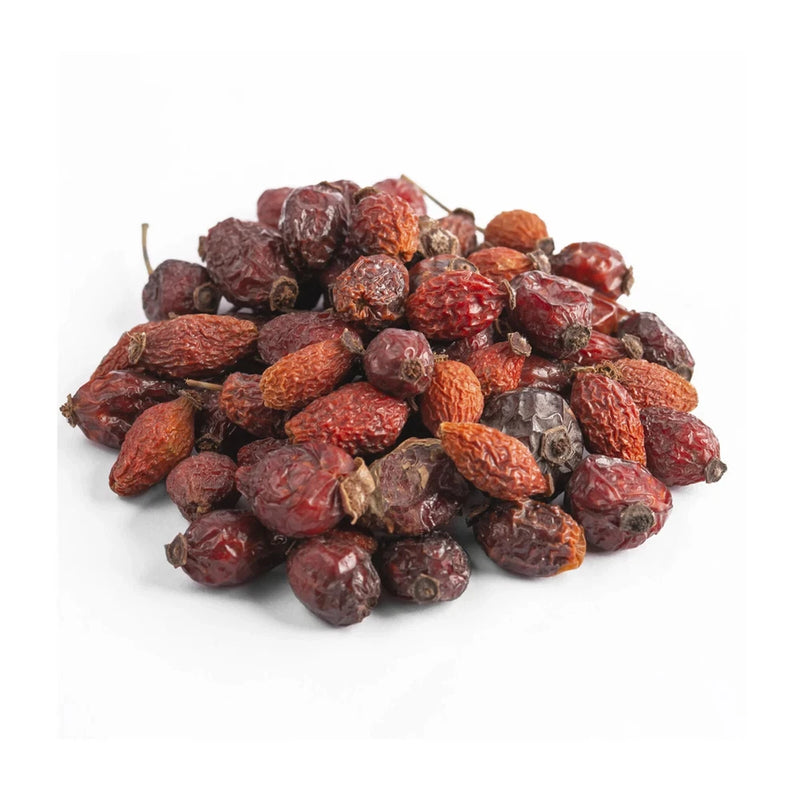 Dried whole rosehips, dark reddish-orange, for tea