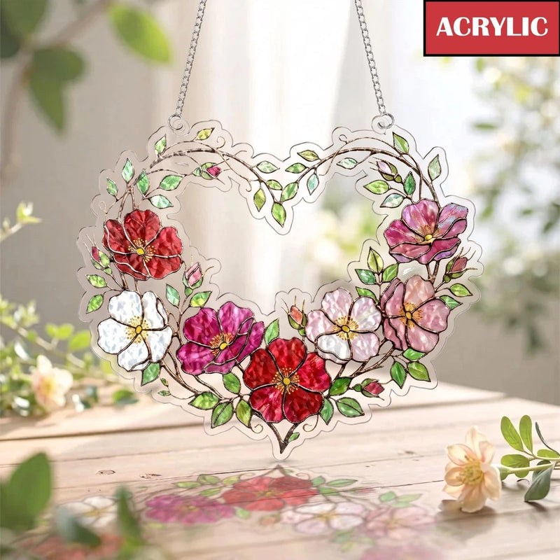 Peony flower acrylic suncatcher wreath with multicolor blossoms and hanging chain