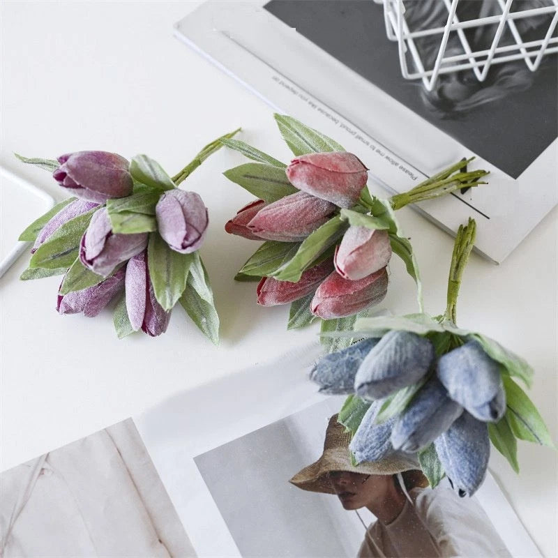 Artificial tulip flower bouquet, DIY real-touch, mixed purple and pink blooms with green leaves