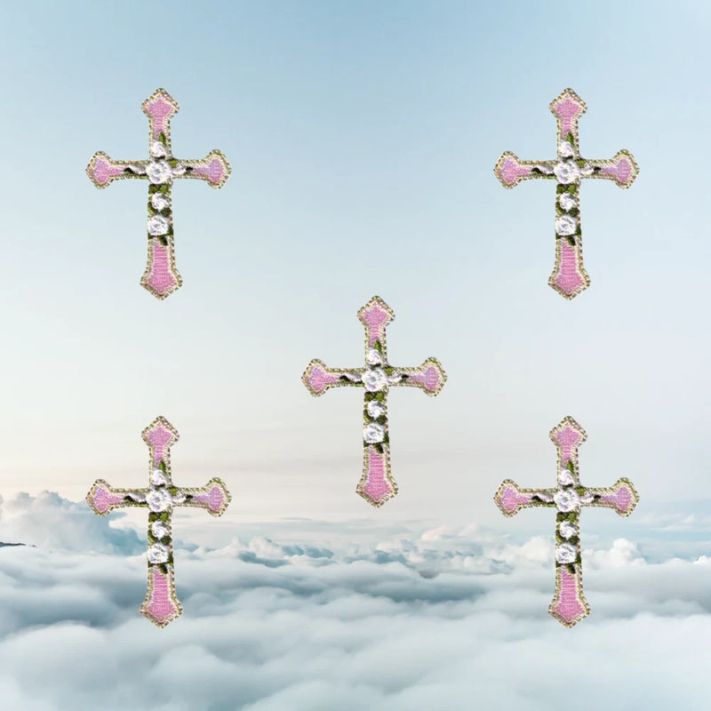 Set of five embroidered iron-on cross patches with pink rose accents