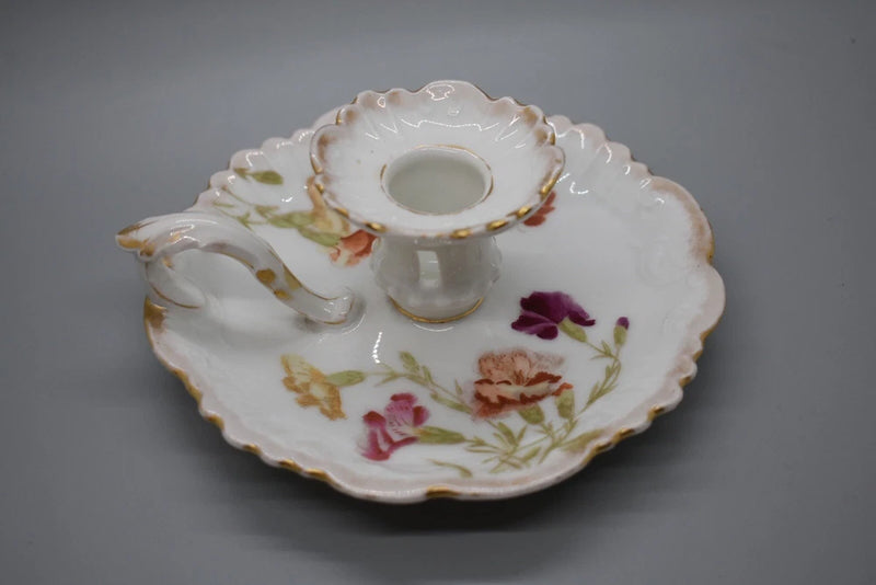 T&V Limoges 6.5" Chamber Stick Handled Carnations Red Orange Yellow Carnation