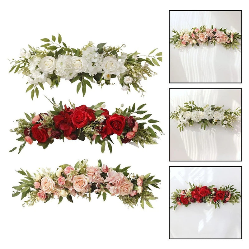 Silk rose wedding arch flower swag with leafy greenery, white, red, and blush blooms