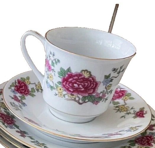 Vintage peony porcelain cup and saucer set, white with pink floral peonies and gold rim