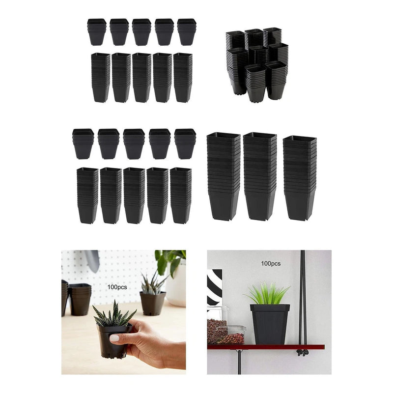 Square nursery planting pots, black plastic, stackable set of many pots