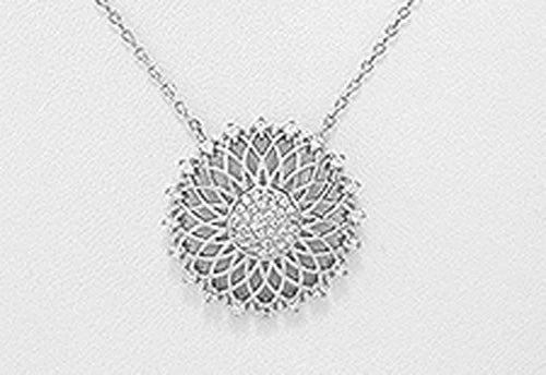 Sterling silver sunflower pendant necklace with CZ sun rays, round filigree, chain