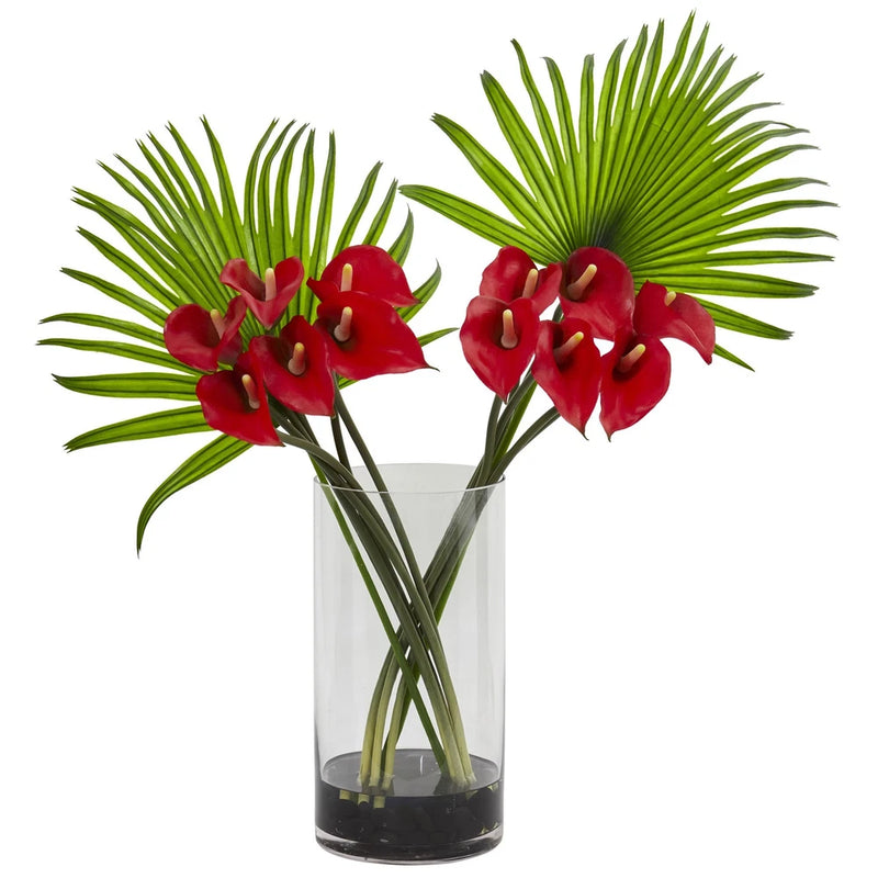 Calla Lily Fan Palm Artificial Arrangement Cylinder Glass Red Green Plant