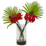 Calla Lily Fan Palm Artificial Arrangement Cylinder Glass Red Green Plant