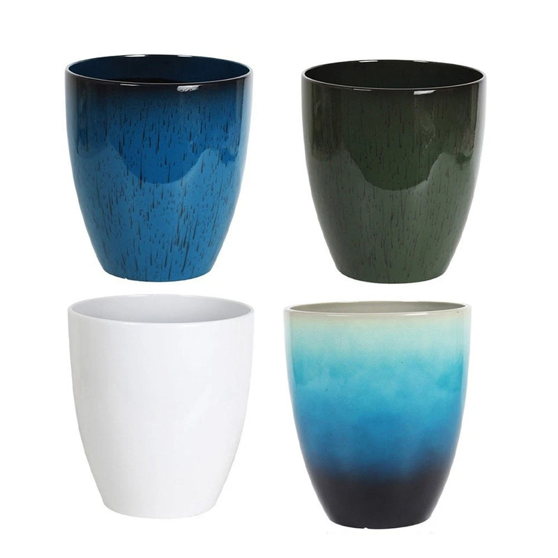 Plastic flower pot set with four round planters, blue, black, white and gradient.
