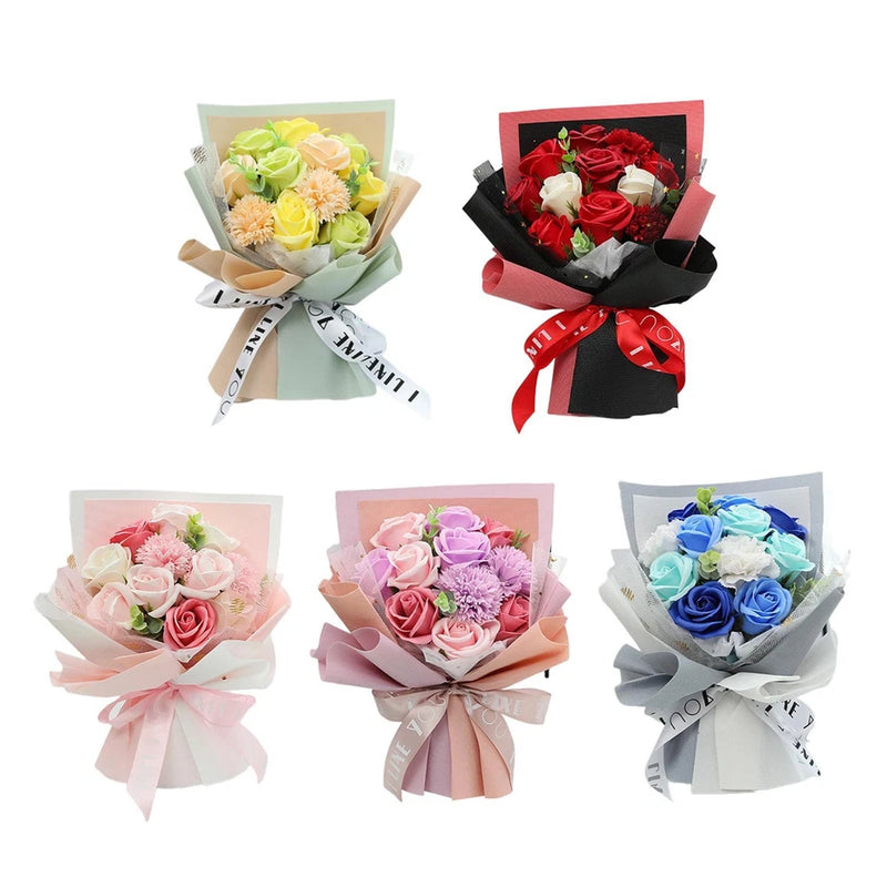 Multi-color soap flower bouquet gift arrangement with ribbon bows