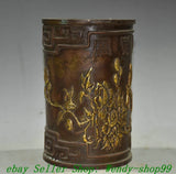 5.5" Old Chinese Dynasty Bronze Gilt Peony Flower Bird Brush Pot Pencil Vase Peony