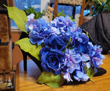 Floral Shoe Arrangement. Blue Roses and Hydrangeas in Black Velvet Heels. Hydrangea