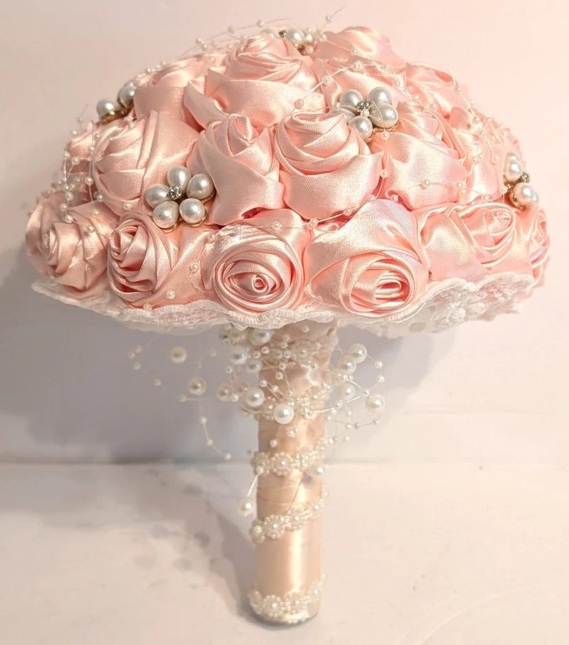 Aftificial Rose Ribbon Flowers Stunning Pearls Beaded Bridal Bouquet Bouquet