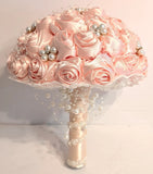 Aftificial Rose Ribbon Flowers Stunning Pearls Beaded Bridal Bouquet Bouquet