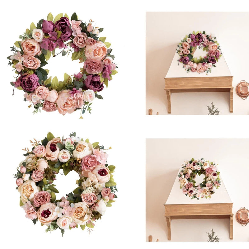 Artificial peony floral wreath with pink, peach, and burgundy blooms and green leaves