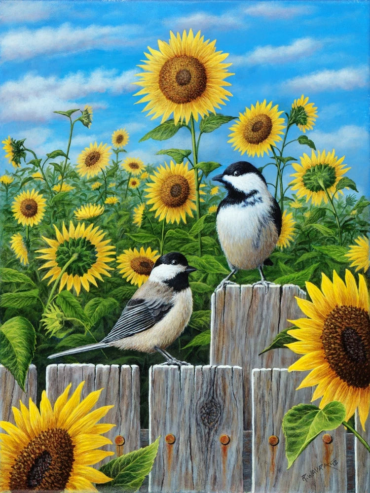 Sunflower and chickadee landscape painting with two birds on a wooden fence