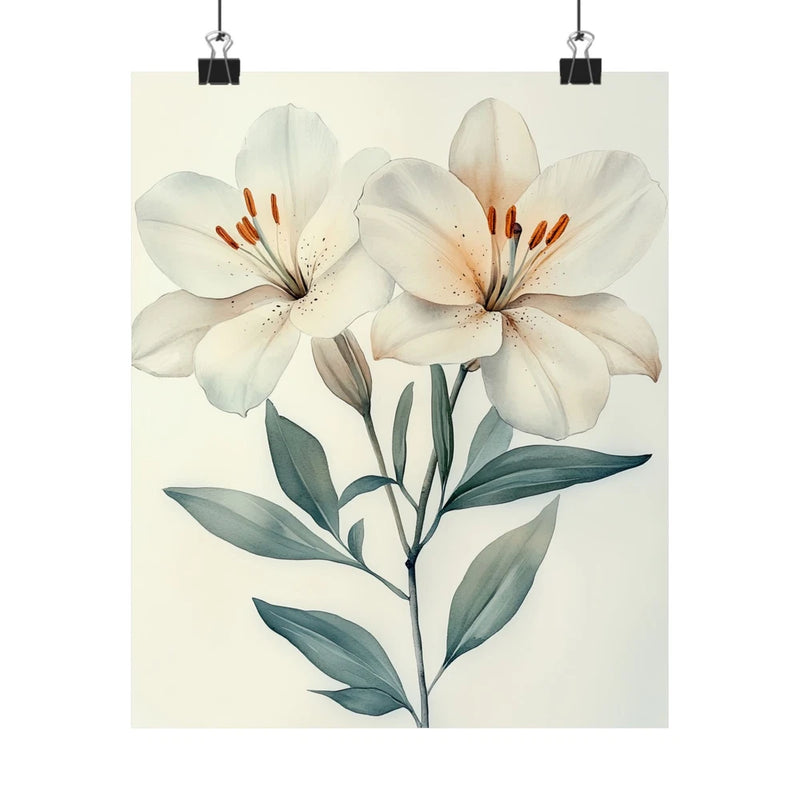 Floral wall art print poster with white lily flowers and green leaves, minimalist