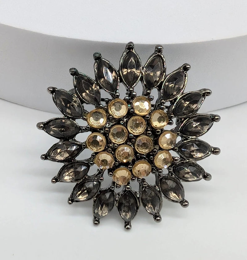 Gunmetal Smoke Black Yellow Flower Sunflower Rhinestone Brooch Pin Sunflower