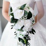 Artificial White Rose Flower Cascading Waterfall Bridal Wedding Holding Bouquet Bouquet