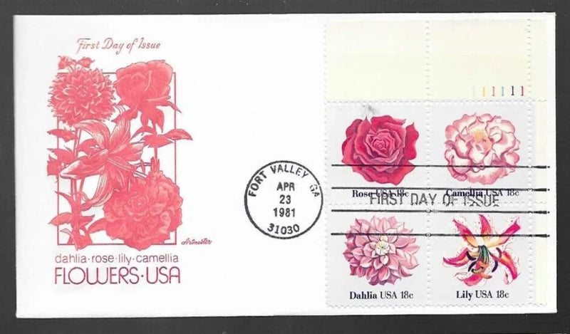 FLOWERS 1981 ROSE LILY DAHLIA CAMELLIA TULIP PLATE#BLOCK ARTMASTER CACHET FDC UN Lily