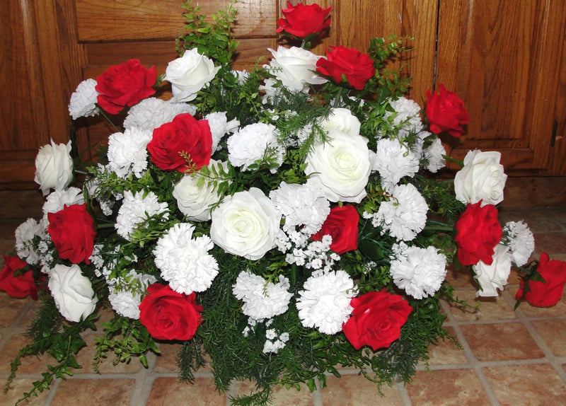 XL Tombstone Saddle Cemetery Memorial Grave Flowers Carnations Red White Roses Carnation