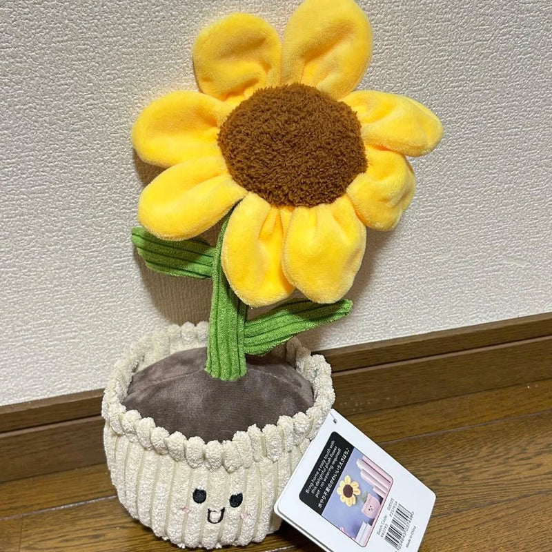 Sunflower plush planter with yellow flower and brown center, green stem, fabric pot