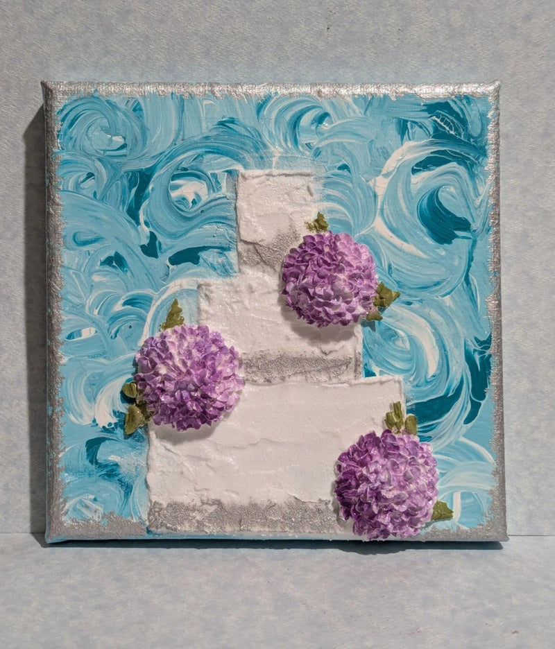 Original Acrylic on Canvas, 6x6, White Cake & Purple Hydrangeas, Teal Background Hydrangea