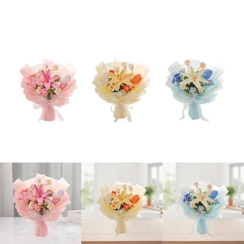 Artificial lily flower bouquet decoration, set of three (pink, cream, blue)